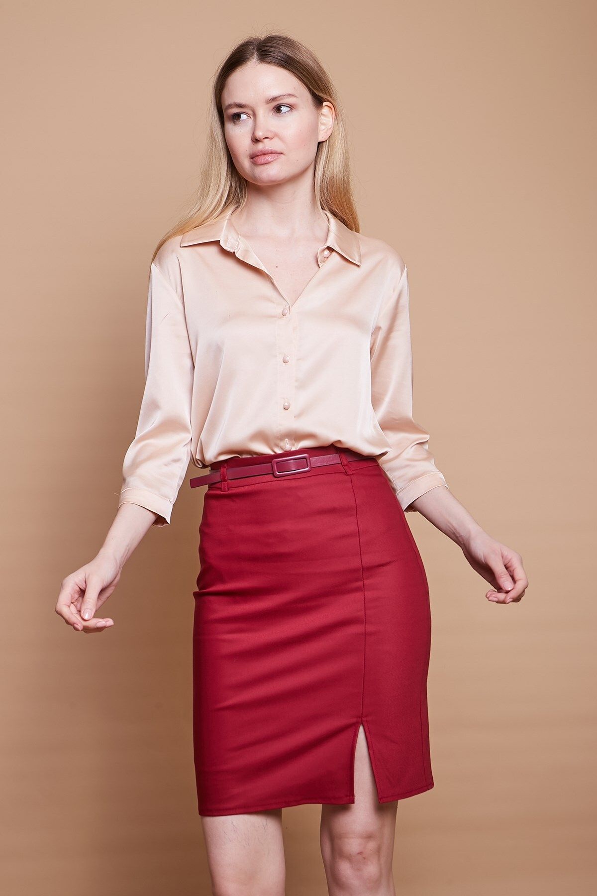 Pencil skirt belt outfit shop