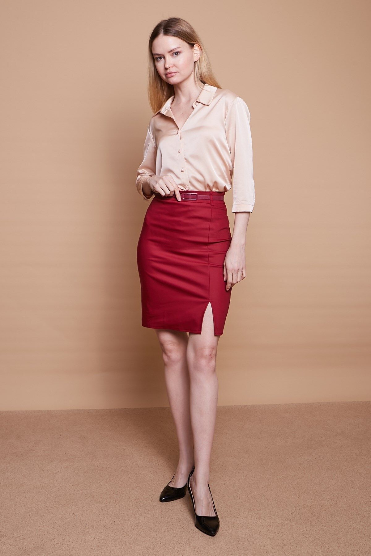 Pencil skirt belt outfit hotsell