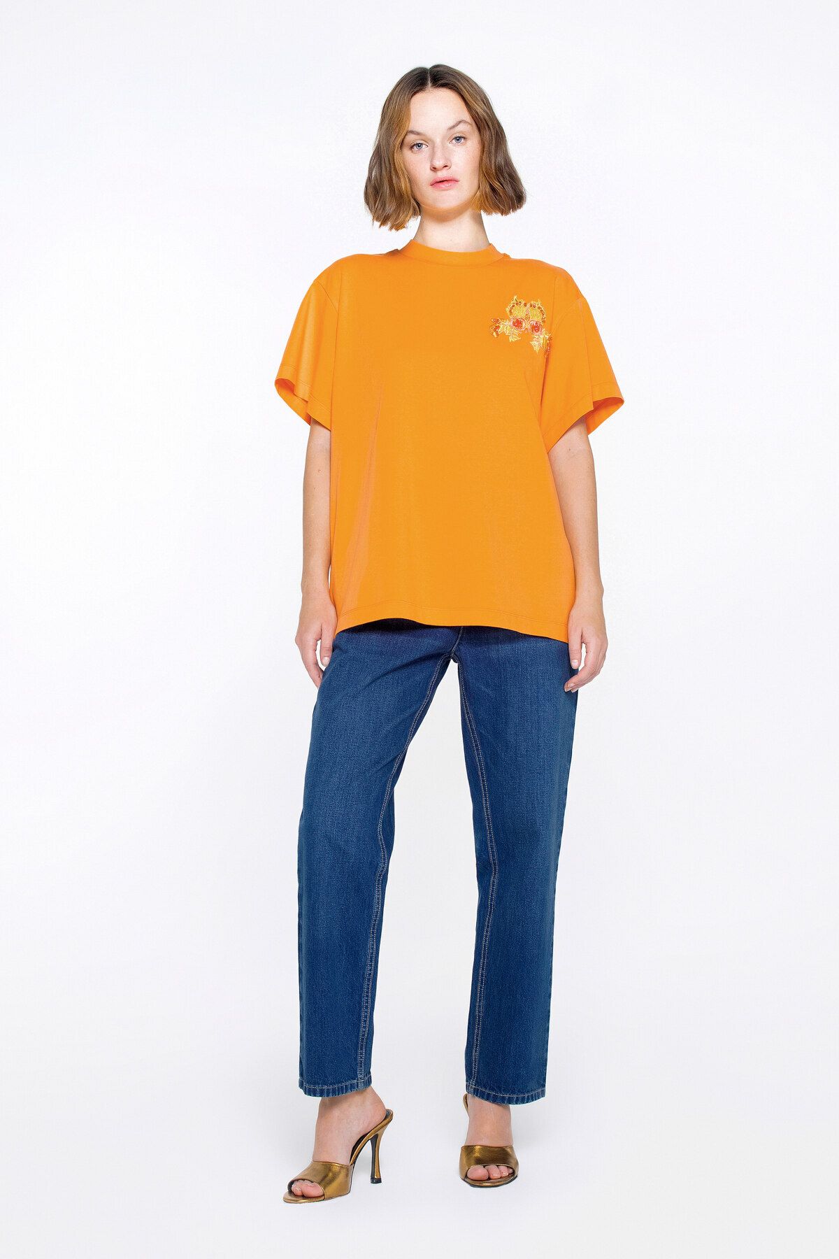 GIZIA تی شرت ساده نارنجی با جزئیات گلدوزی کاربردی