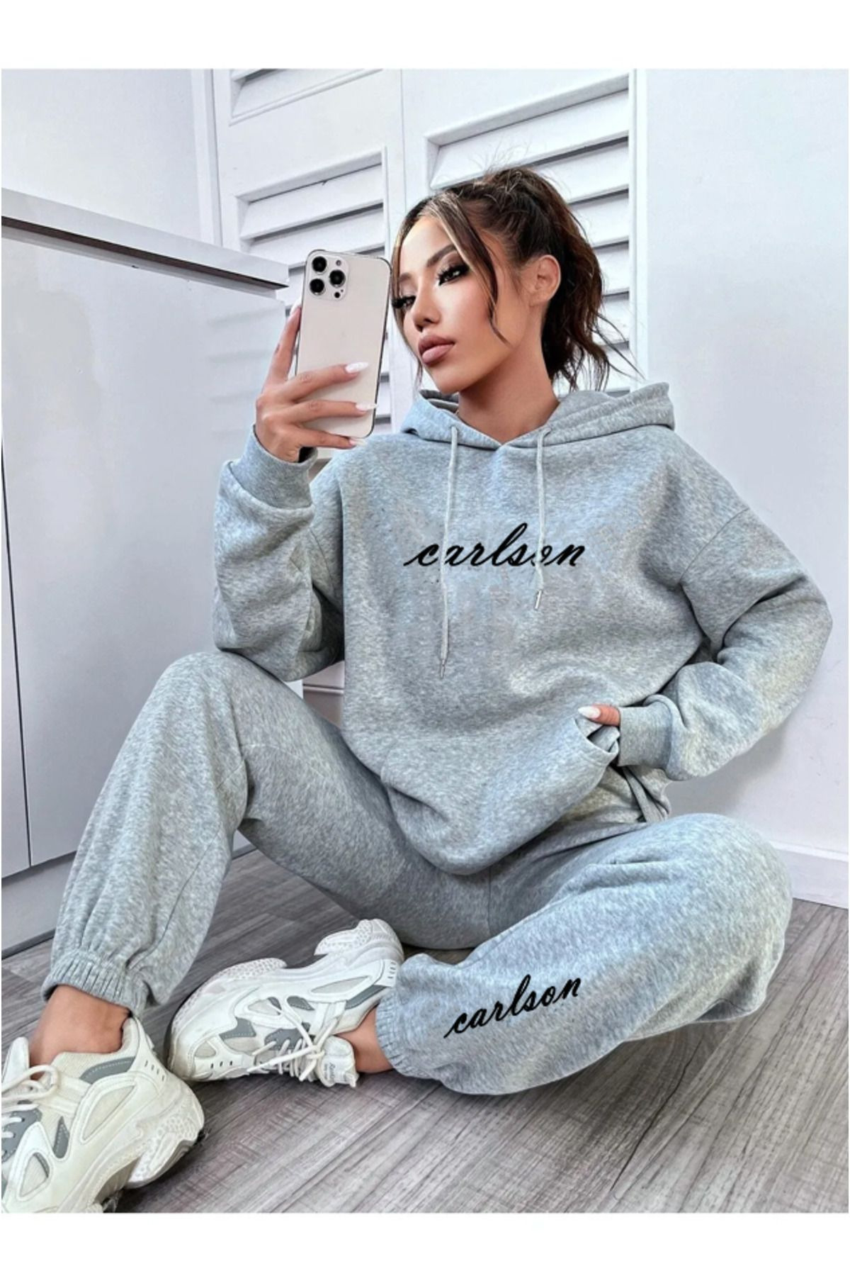 Josette Carlston Written Winter Bottom Top Set Sweatshirt Tracksuit Bottoms - Gray Printed Oversize Hoodie