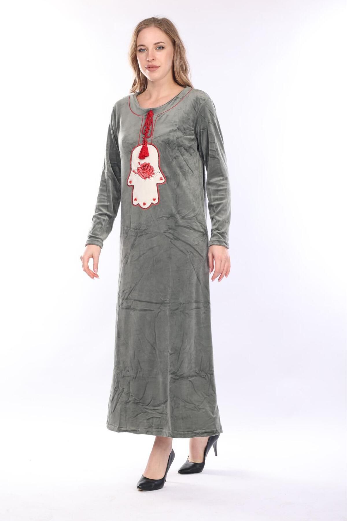 mervemoda-Rochie de damă din catifea kaki 6