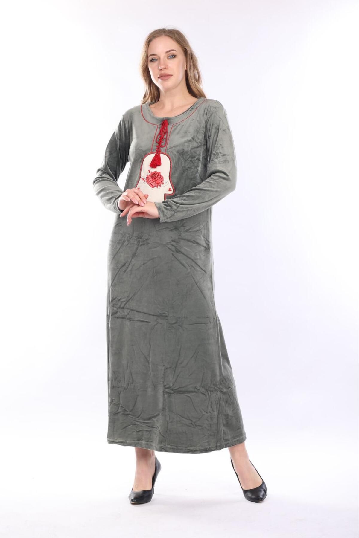 mervemoda-Rochie de damă din catifea kaki 8