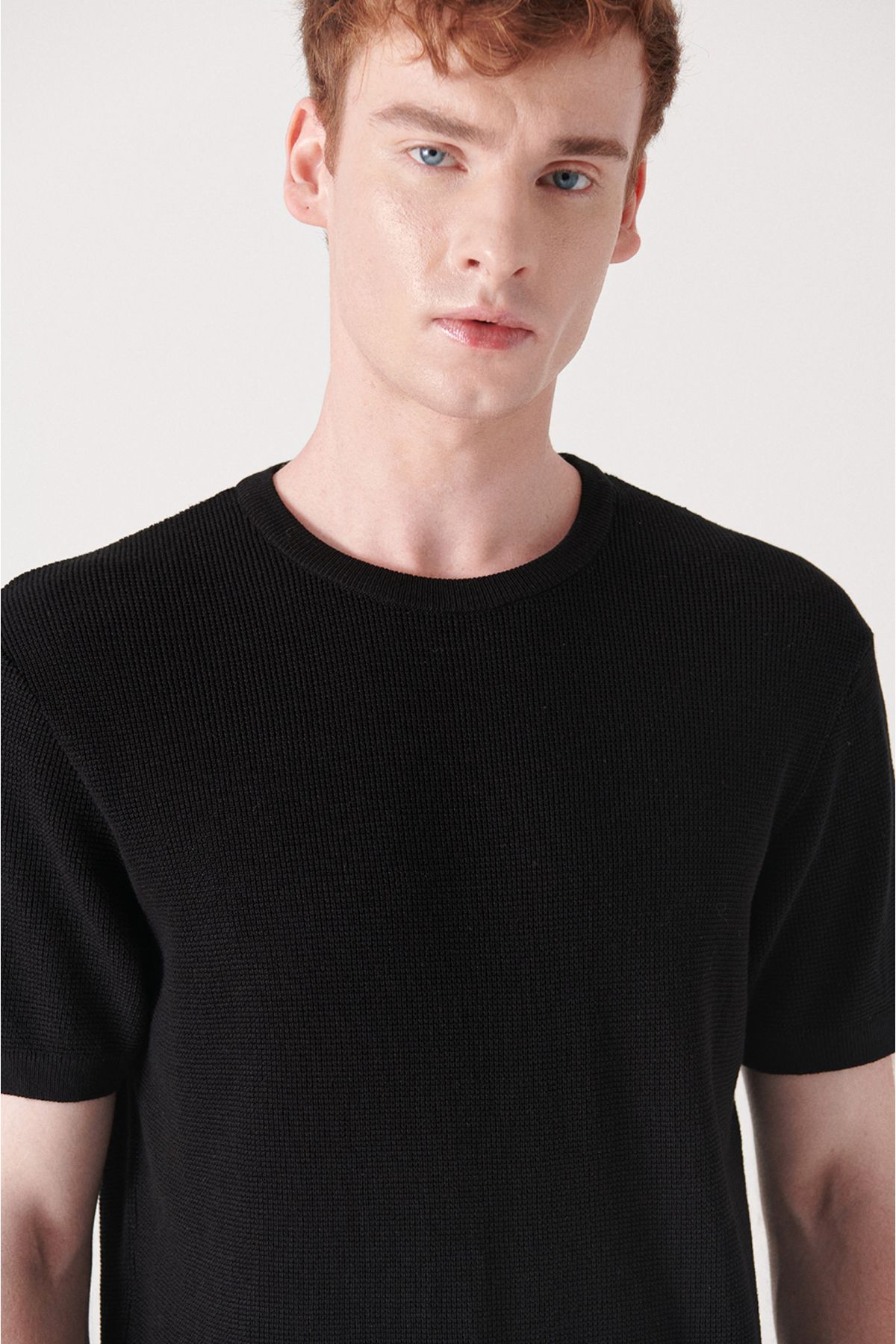 Avva تی شرت بافتنی مردانه یقه مشکی با بافت استاندارد برش معمولی B005010