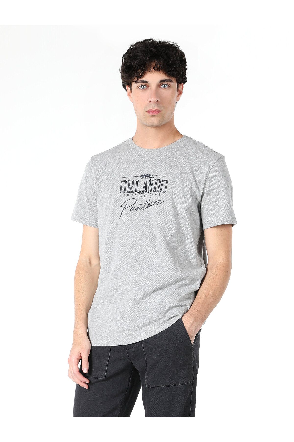 Colin’s یقه دوچرخه تناسب منظم چاپ شده مردان خاکستری بازوی کوتاه T shirt