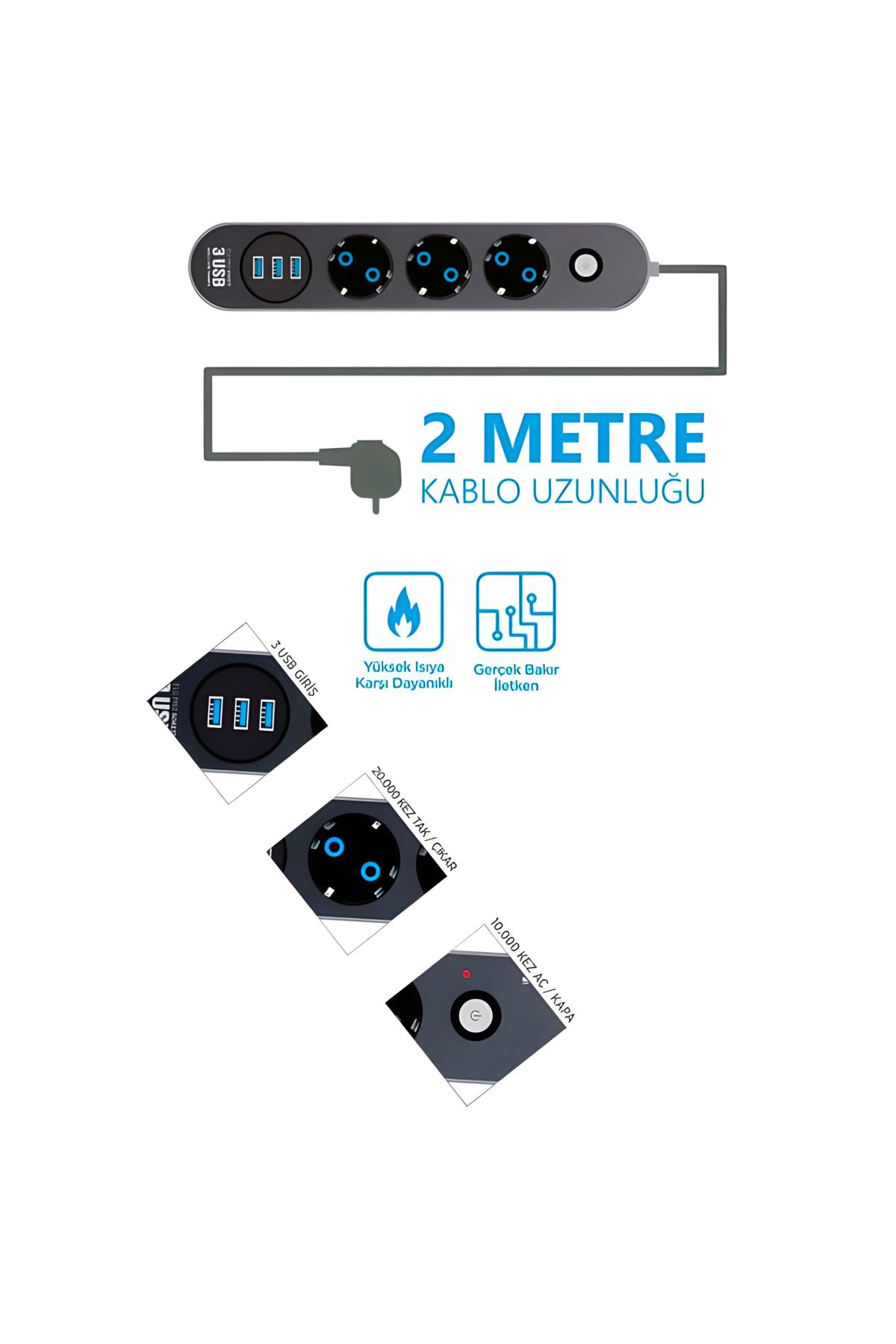 2500w/2mt/3usb Akıllı Grup Priz Termal Akım Korumalı Soket Fiş Güç Anahtarlı Çoklu Uzatma Kablosu