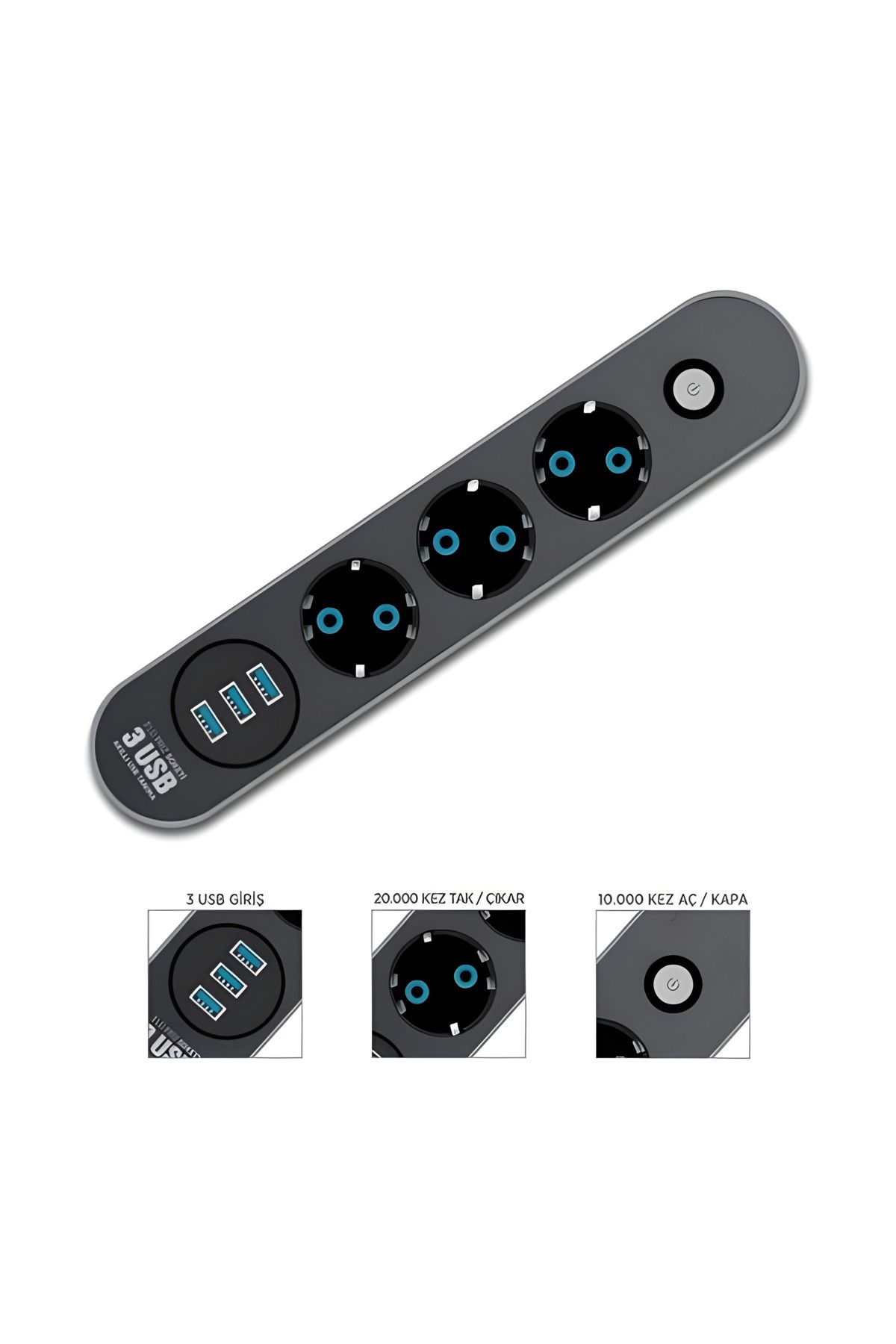2500w/2mt/3usb Akıllı Grup Priz Termal Akım Korumalı Soket Fiş Güç Anahtarlı Çoklu Uzatma Kablosu