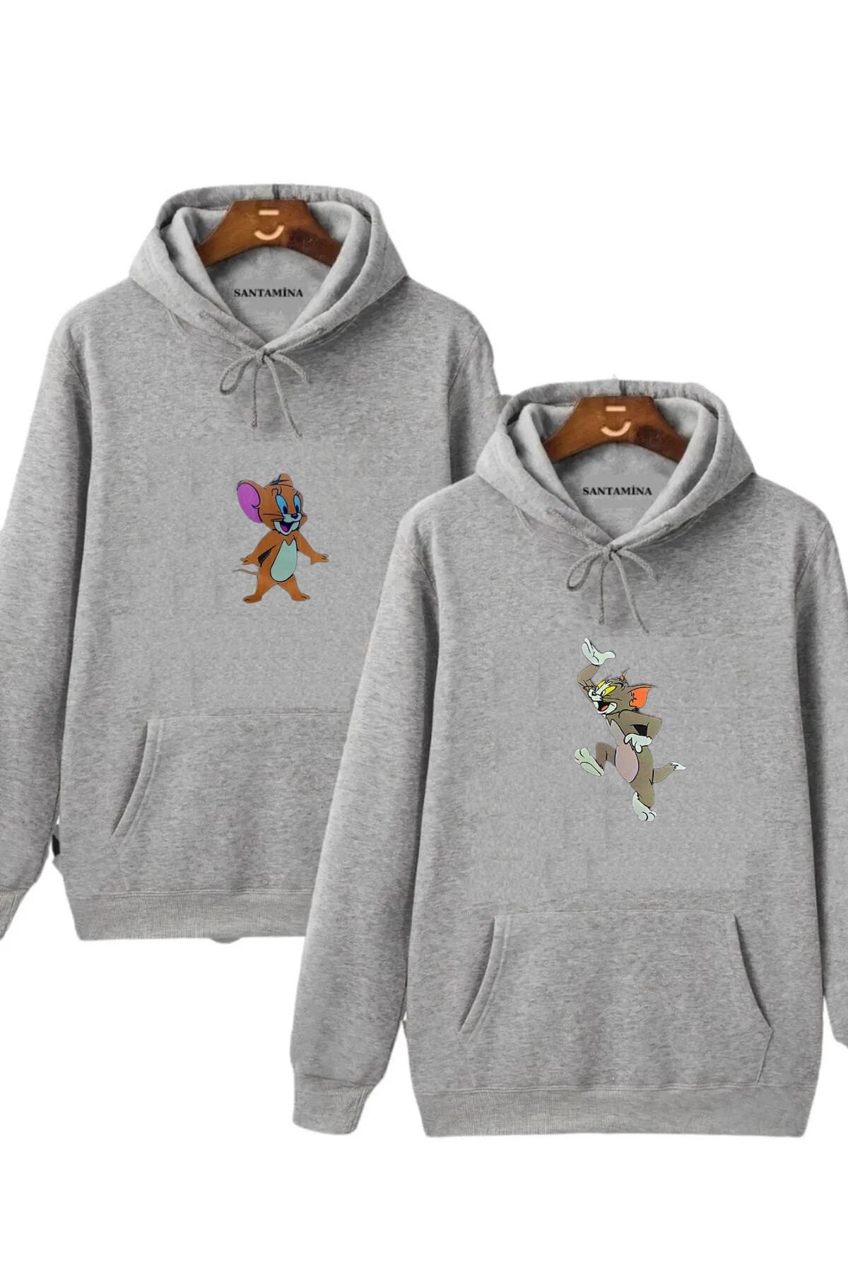 BYMEER-Hanorac unisex gri, duo, cu imprimeu Tom și Jerry, pentru cupluri de iubiți 1