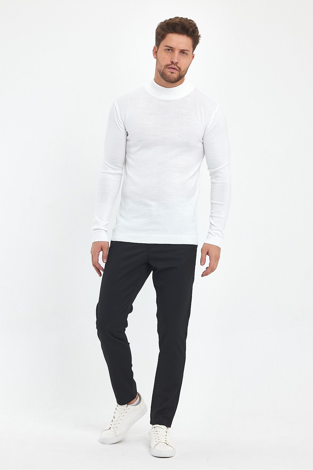 MODAMESTO-Men's White Slim Fit Half Turtleneck Knitwear Sweater 5
