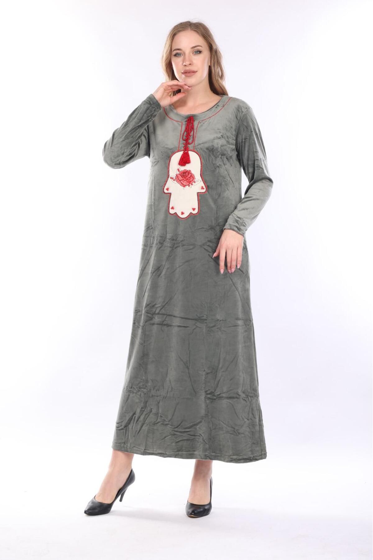 mervemoda-Rochie de damă din catifea kaki 4