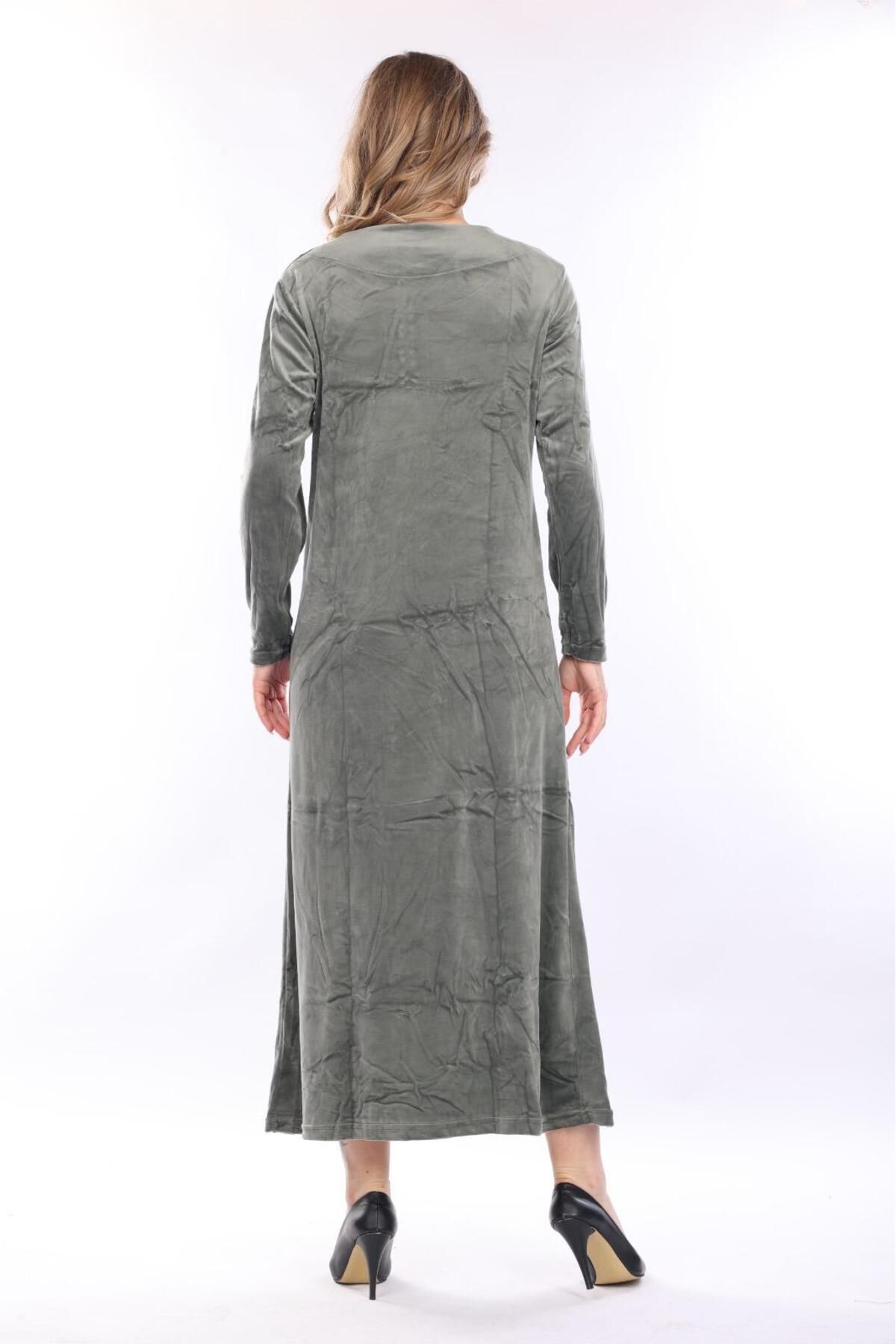 mervemoda-Rochie de damă din catifea kaki 7
