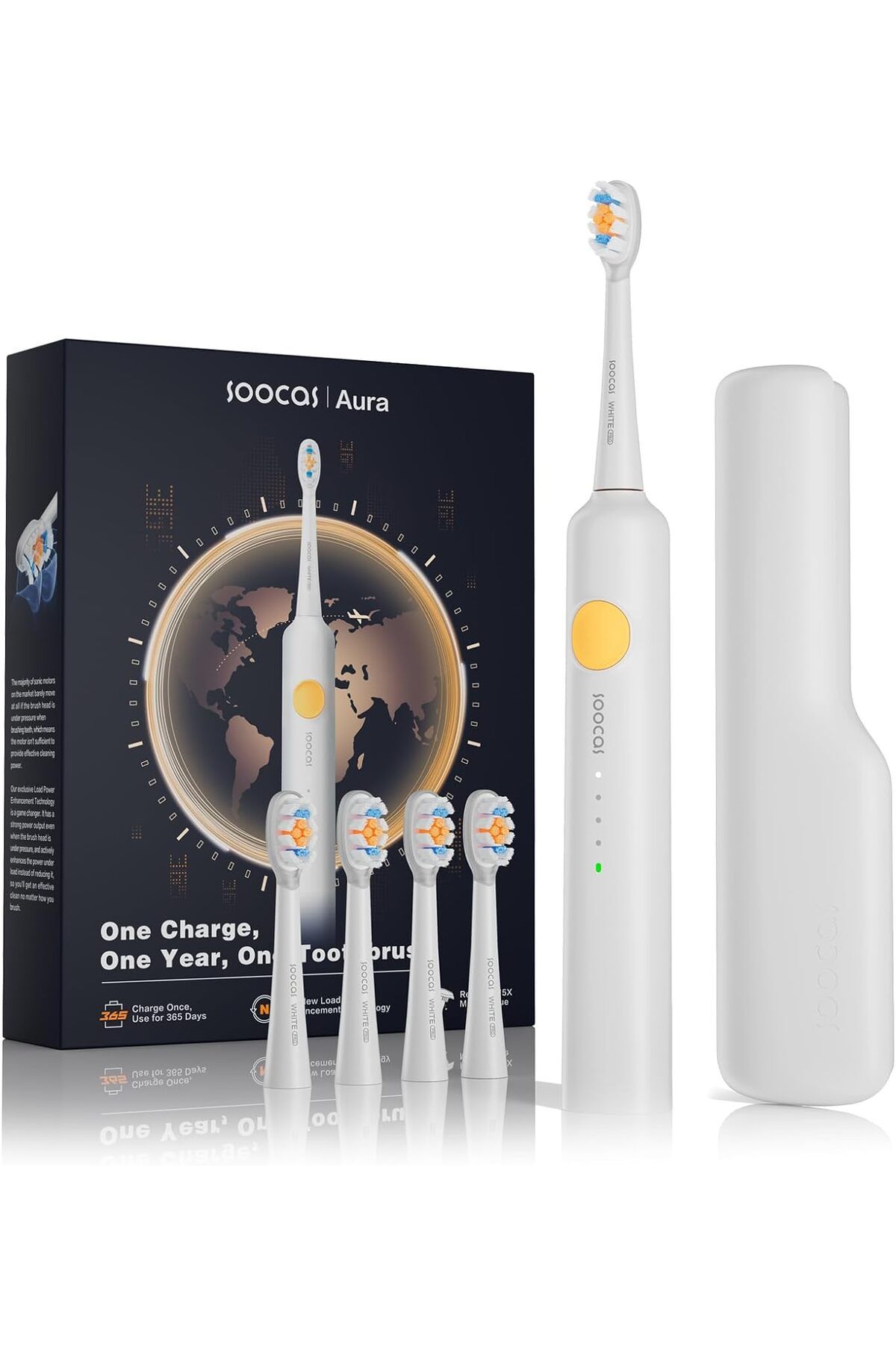 Soocas Aura Elektrikli Diş Fırçası, 365 Gün Pil Ömrü, 4 Fırça Başlığı ve Seyahat Çantası ile