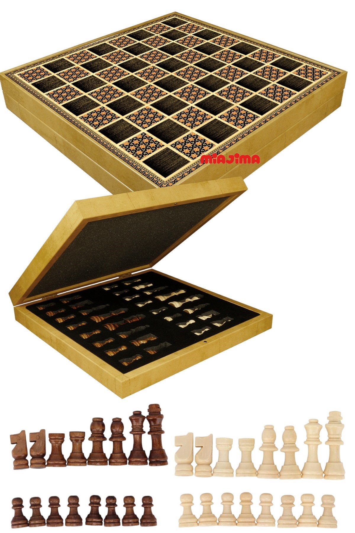 Miajima Ahşap Santranç Takımı Vip Ahşap Lüx Satranç Gold Sandık Kutulu
