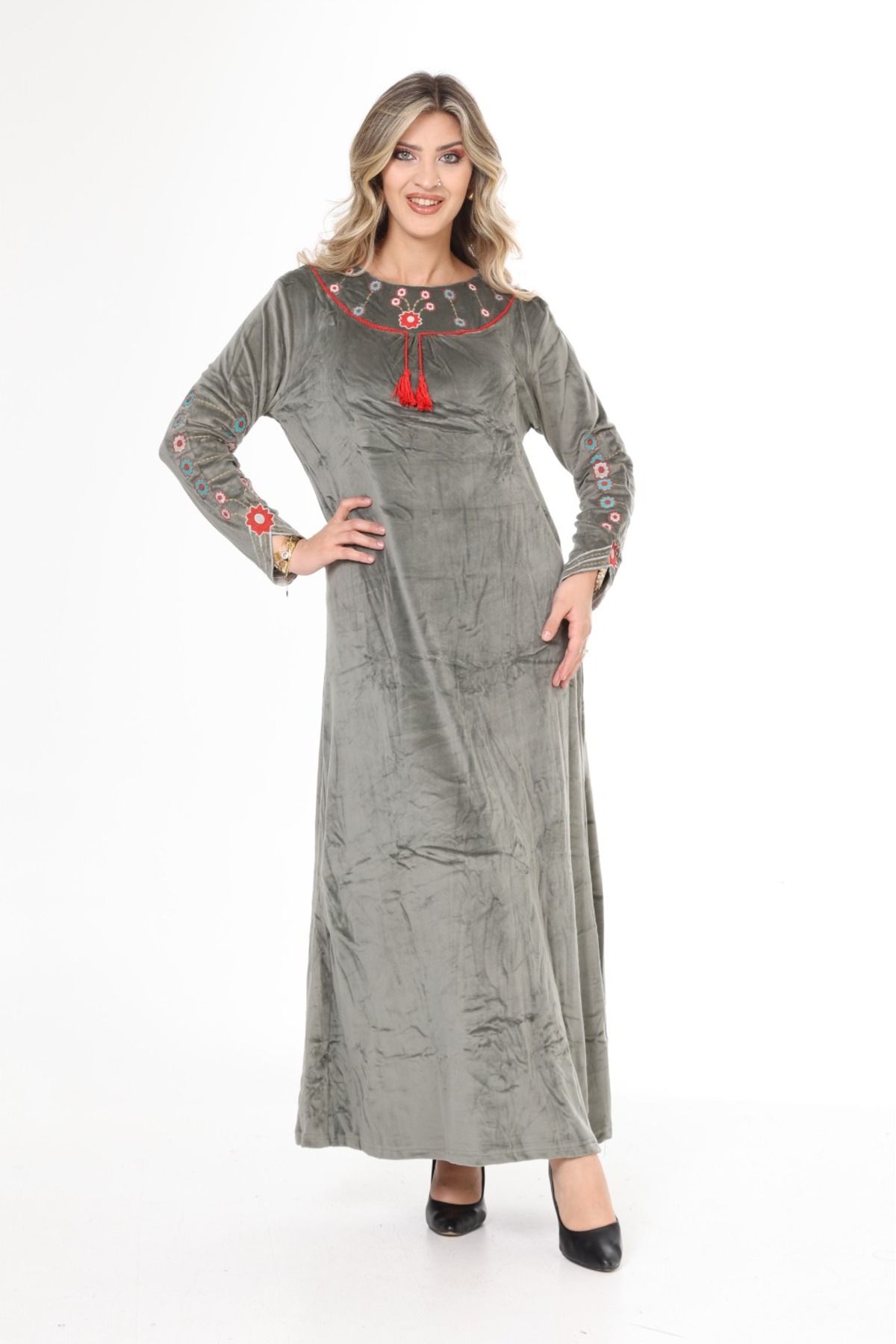 mervemoda-Women's Khaki Collar and Sleeve Embroidery Detailed Velvet Long Dress 3
