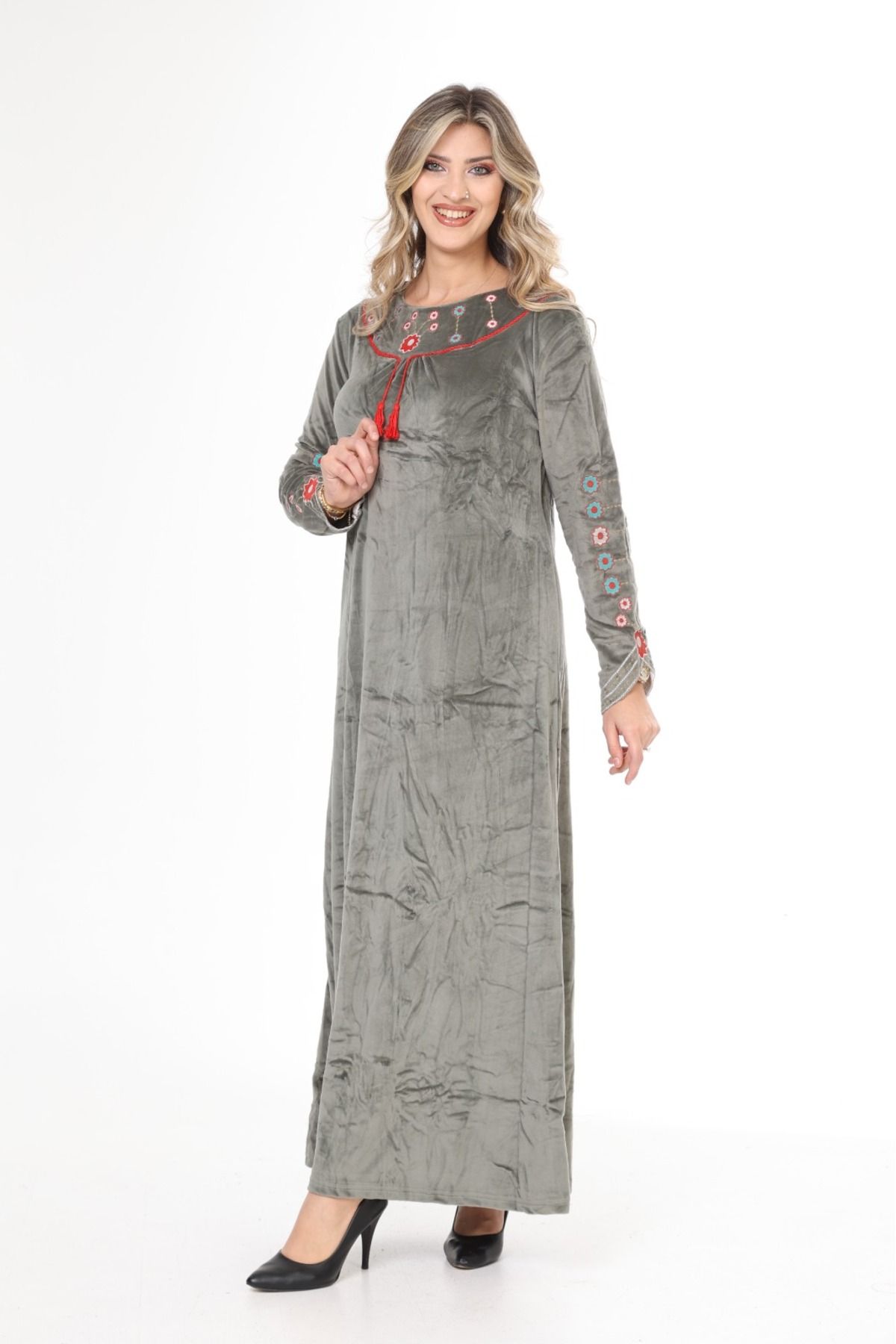 mervemoda-Women's Khaki Collar and Sleeve Embroidery Detailed Velvet Long Dress 4
