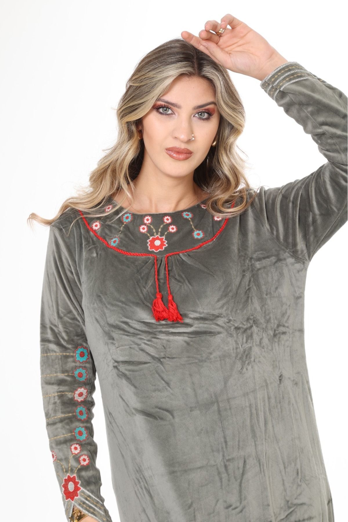 mervemoda-Women's Khaki Collar and Sleeve Embroidery Detailed Velvet Long Dress 6