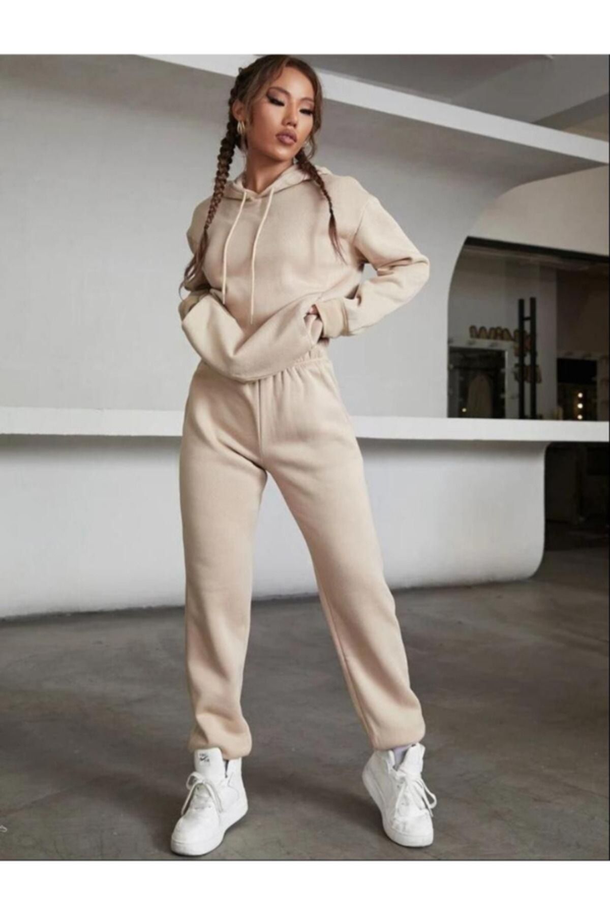 YAKAMEL Women s Mink Hooded 3 Thread Rose Gold Tracksuit Set