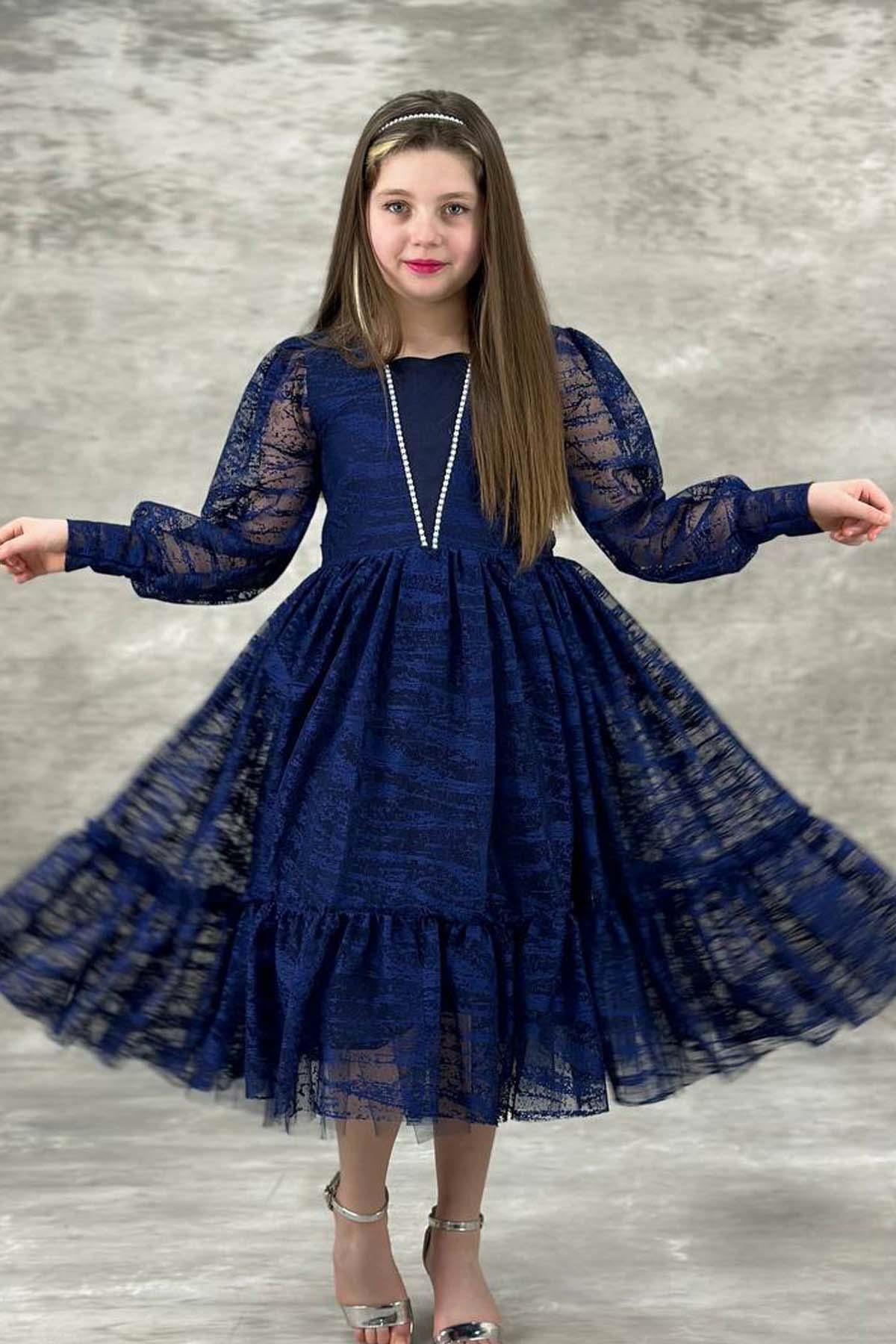 Girls navy blue lace cheap dress