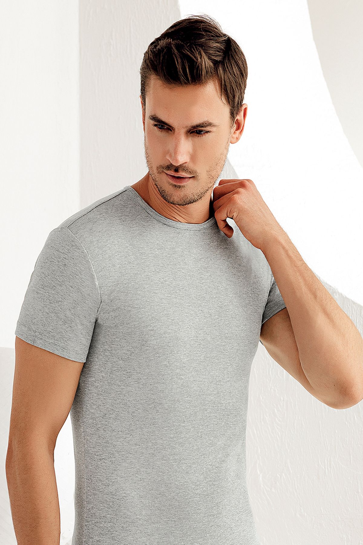 Şahinler-Men's Gray Short Sleeve Crew Neck Ribbed Undershirt Me027 1