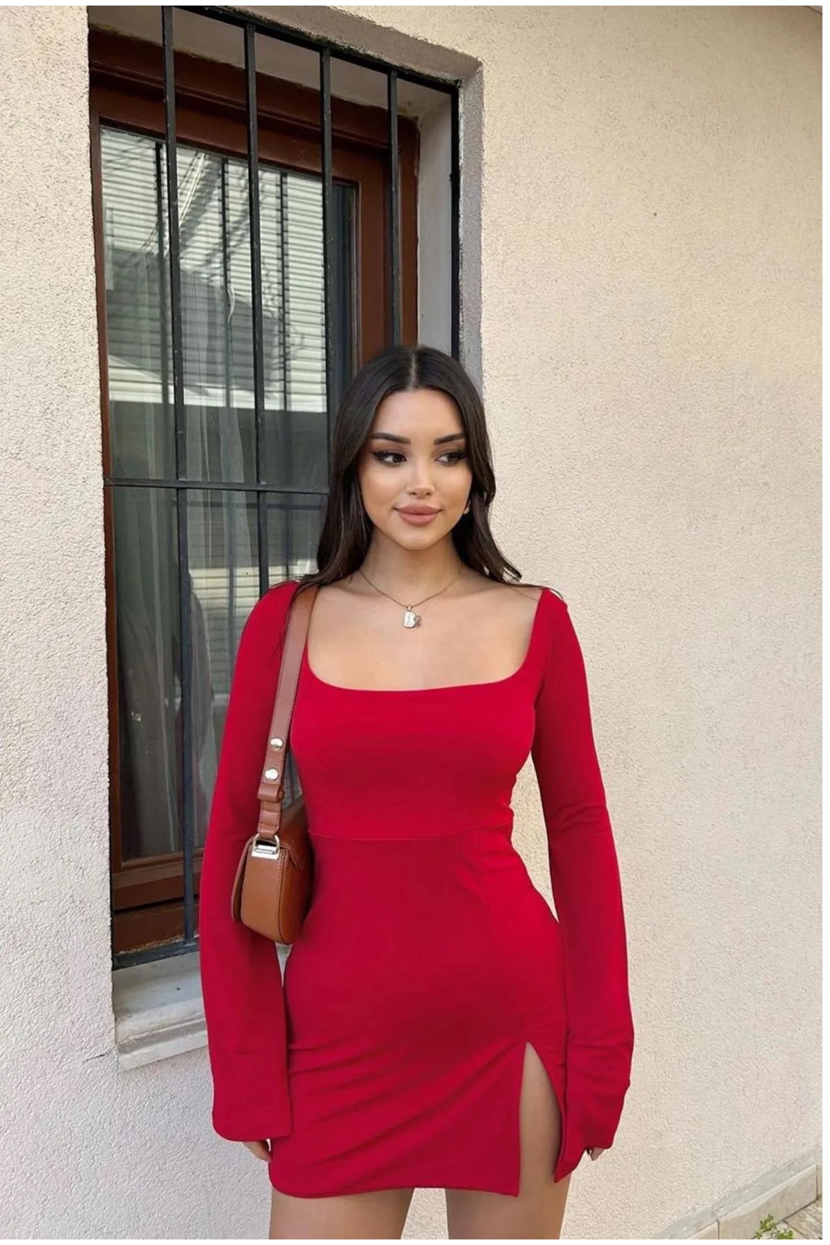 khar Women s Spanish Sleeve Deep Slit Square Collar Mini Dress