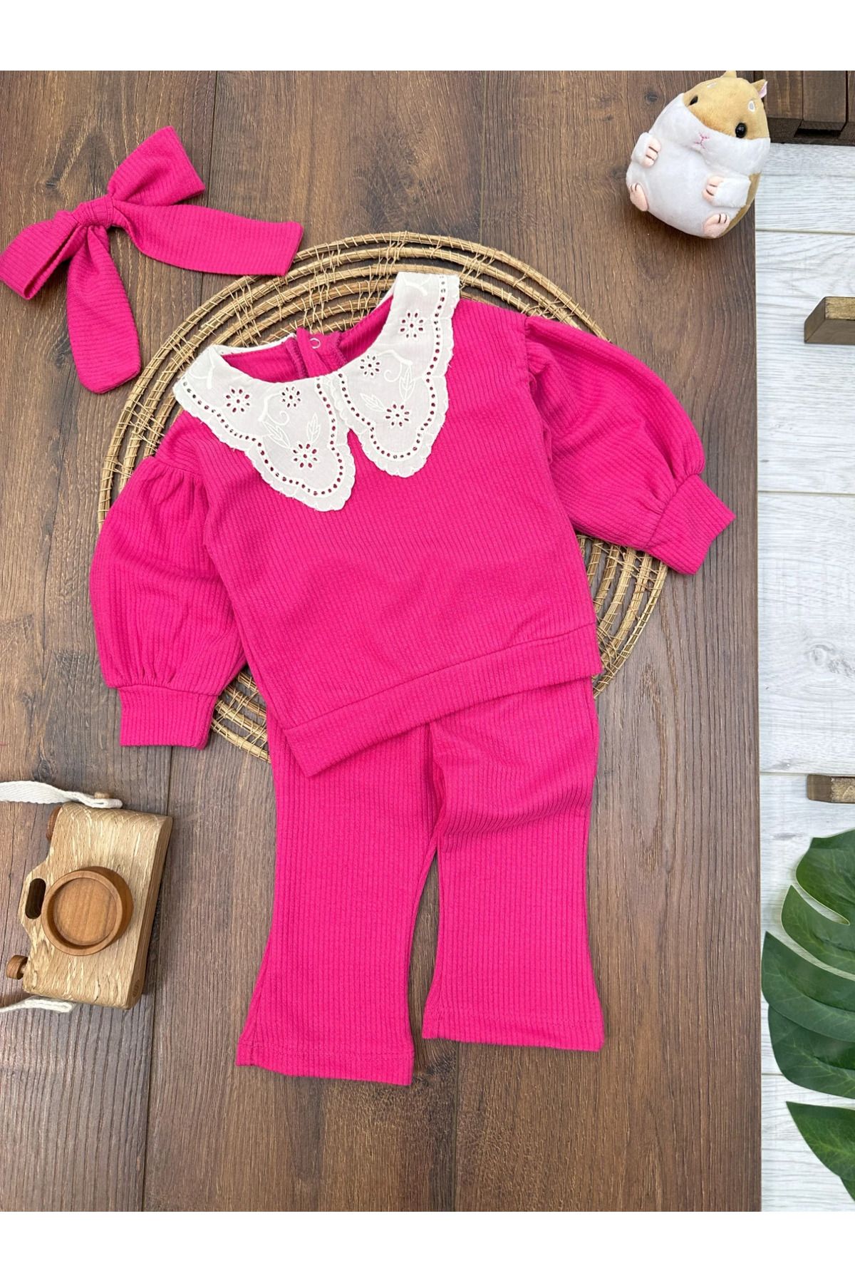 Babexi Lace Collar Bandana Ribbed Baby Girl Set Trendyol