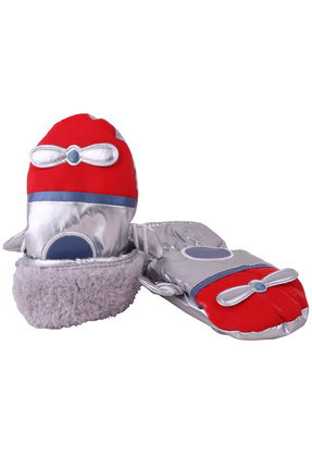 İşnar Parmaksız Çocuk Kar Eldiveni 2-4 Yaş Gri Kırmızı Pervaneli Uçak Desenli...