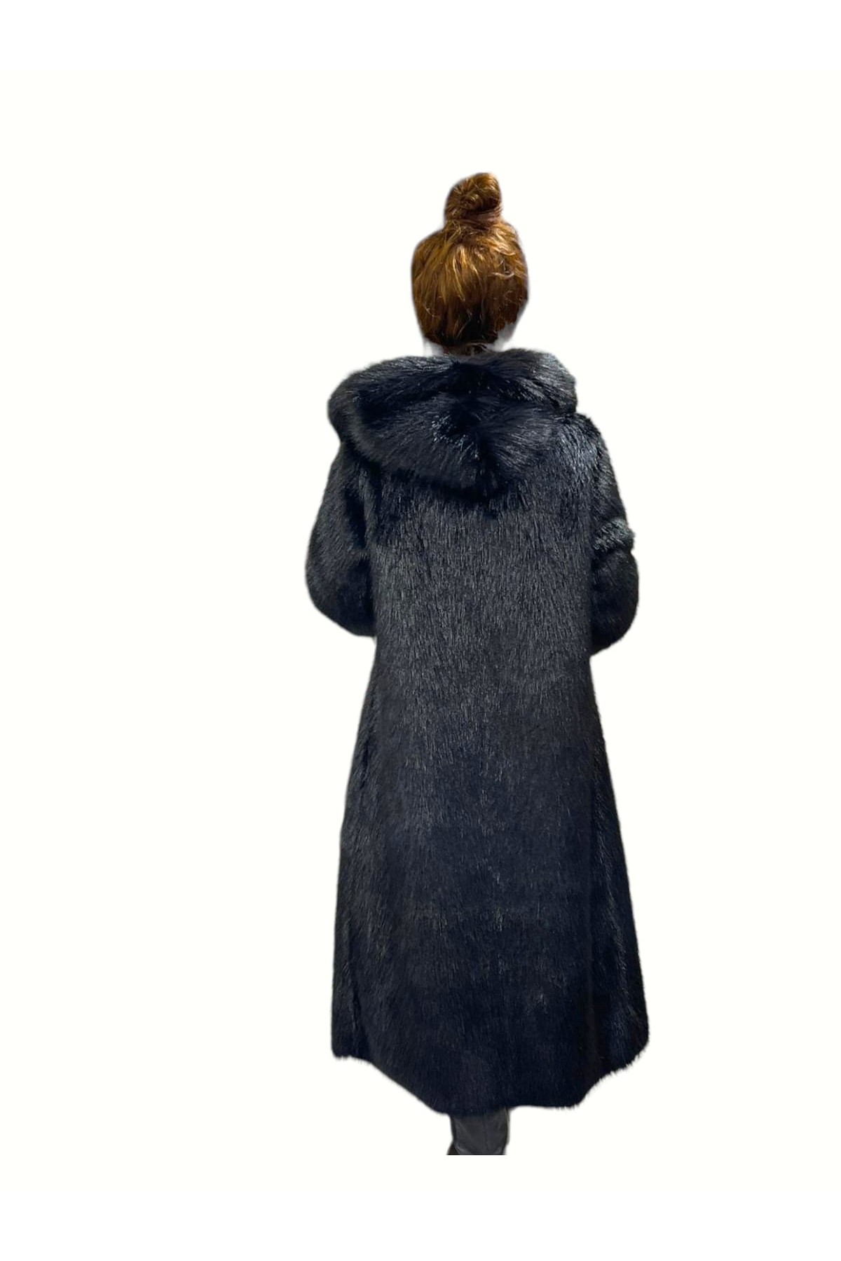 FUREVER FASHION  Kapüşonlu foks kürk uzun manto - Görsel 5