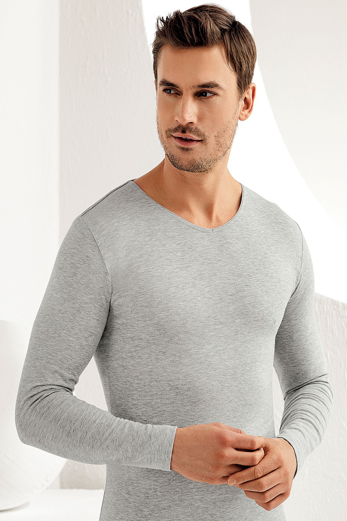 Şahinler Tricou Pentru Bărbați, Gri, Cu Mânecă Lungă, Cu Decolteu În V, Din Lycra, Din Jerseu, Me075 Masculin - S