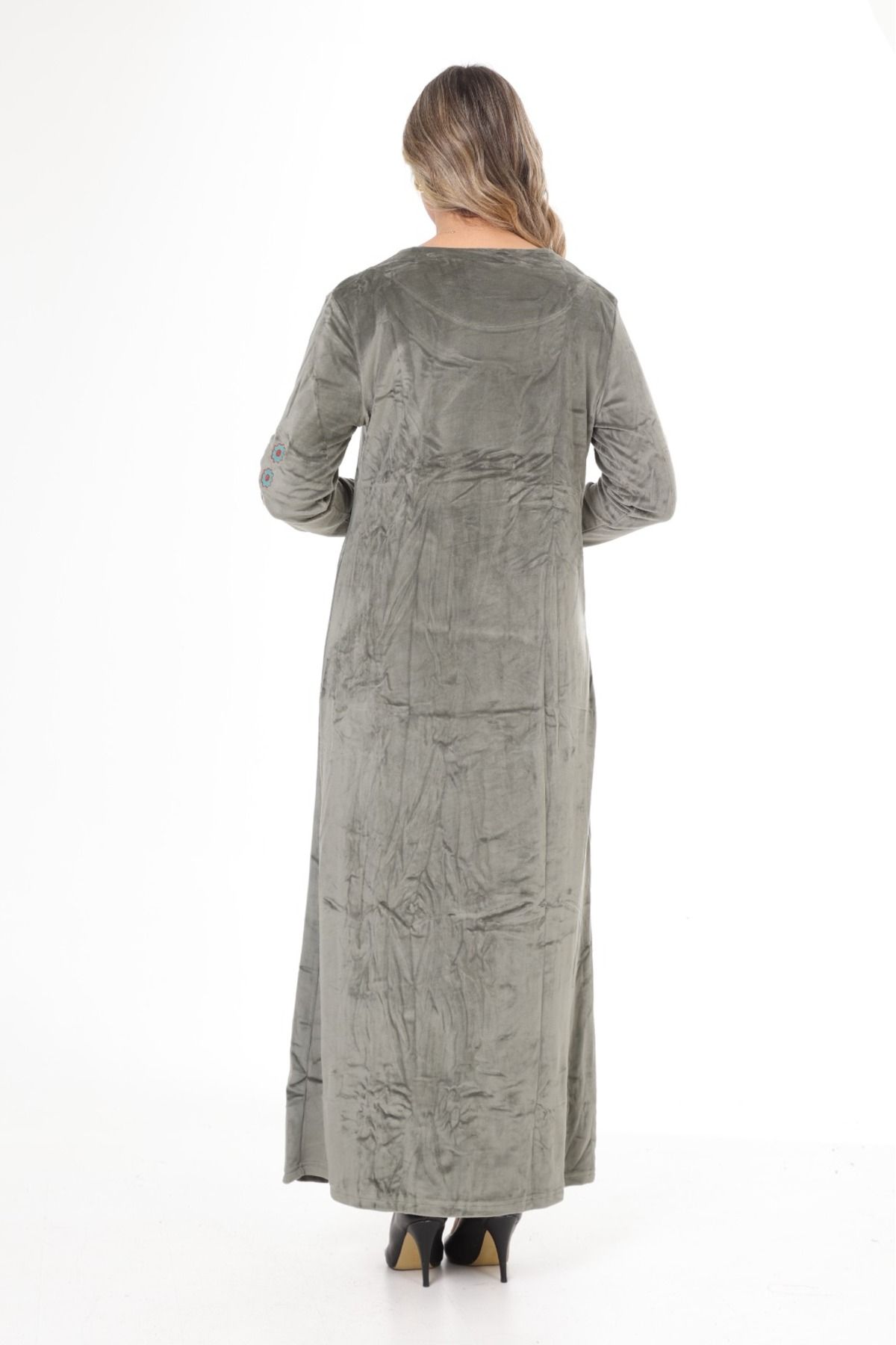 mervemoda-Women's Khaki Collar and Sleeve Embroidery Detailed Velvet Long Dress 5