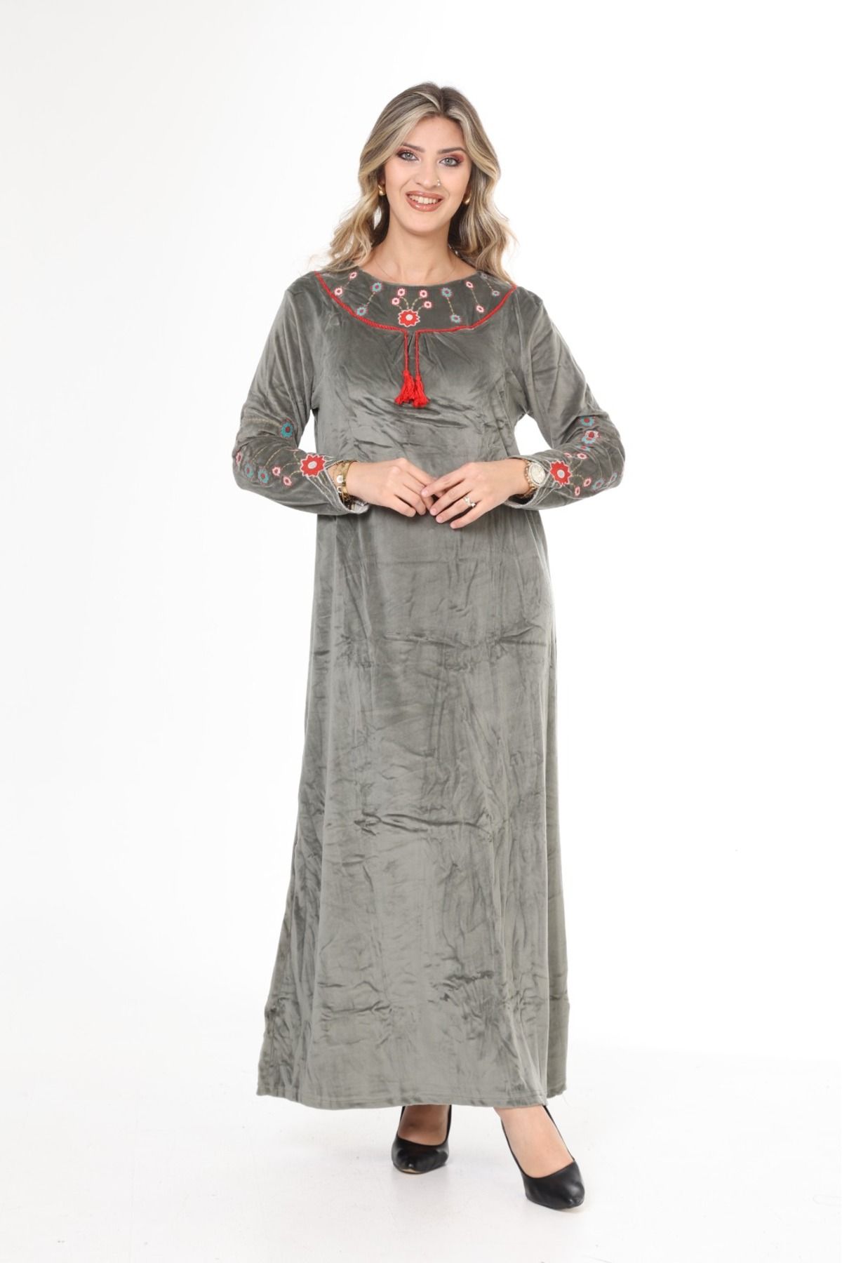 mervemoda-Women's Khaki Collar and Sleeve Embroidery Detailed Velvet Long Dress 8