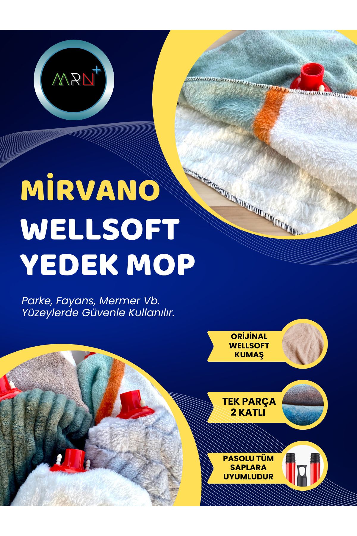 3 Adet Wellsoft Mop, Yedek Mop, Orijinal Wellsoft Kumaş, 1. Kalite Yer Paspası, Tek Parça 2 Katlı