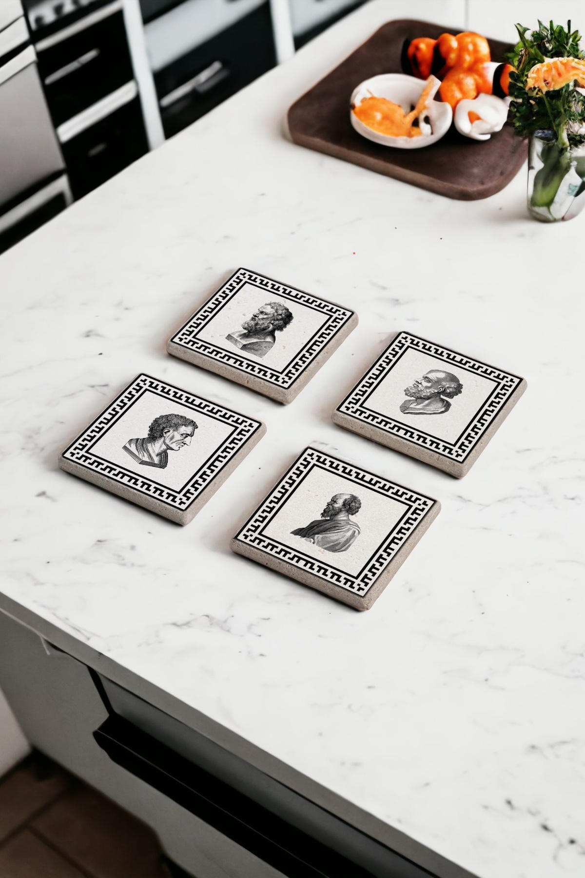 Greek Philosopher, Socrates, Philosopher Themed Natural Stone Travertine Coaster Set of 4