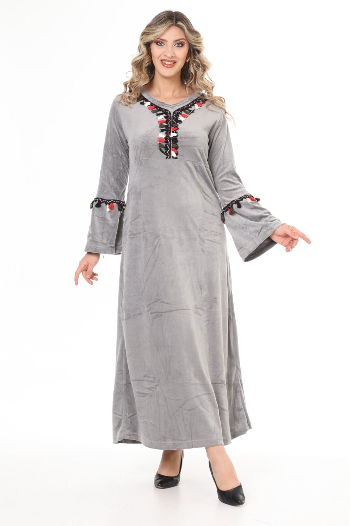 mervemoda-Women's Gray neckline tassel detailed long velvet dress 3