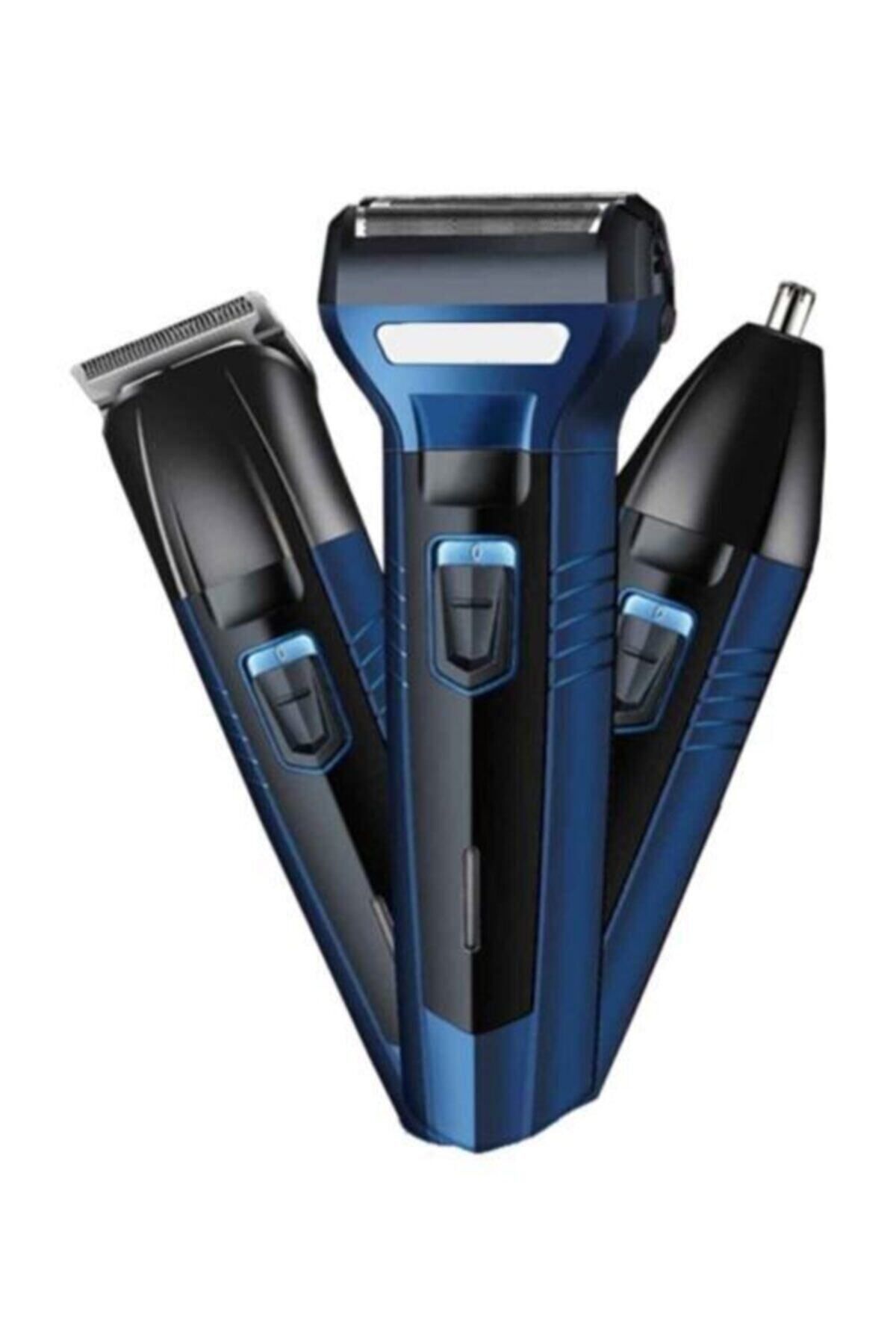 Janva Pro Model 3 Başlıklı Profesyonel Tıraş Makinesi Saç Sakal Burun Favori 3 In 1 Seti Mavi