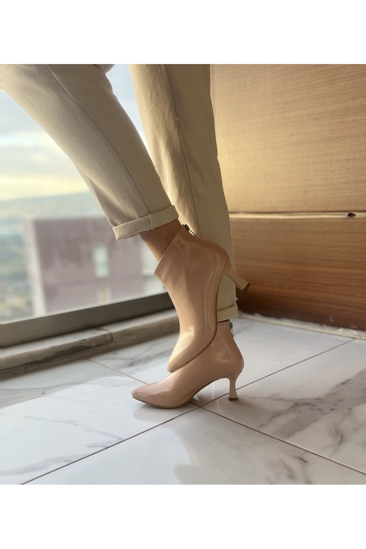 SELLA SHOES 902 i Nude Patent Leather Short Boots Trendyol
