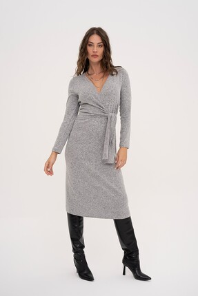 Evermade Belden Kuşaklı Softtouch Uzun Gri Elbise