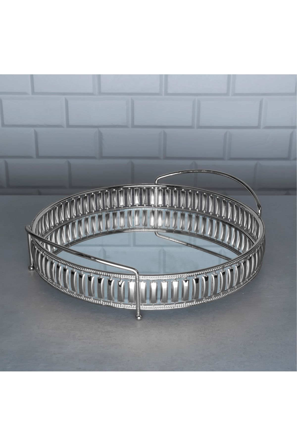 Zeyve H RREM ROUND MEDIUM TRAY MIRRORED METAL JARDINIER PRESENTATION WIRE COFFEE TRAY WITH HANDLES SILVER
