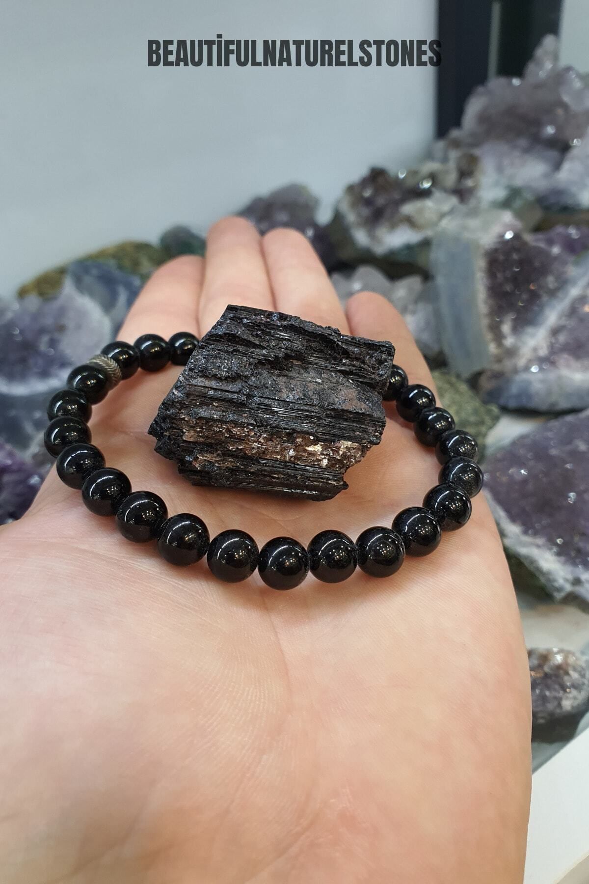 Nelleovana Black Tourmaline Natural Stone Bracelet Raw Stone Gift Radiation and Electromagnetic Field Cleaning Trendyol