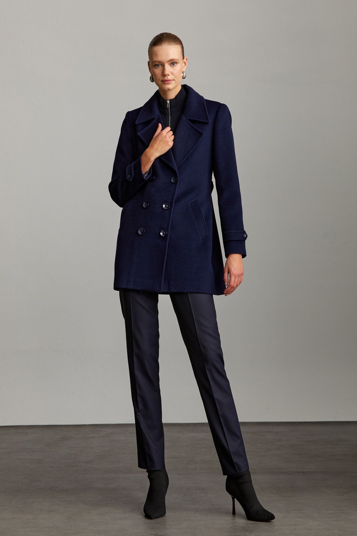 Sayki Женское темно-синее облегающее простое однобортное двубортное шерстяное пальто с поясом и поясом 28202024A004