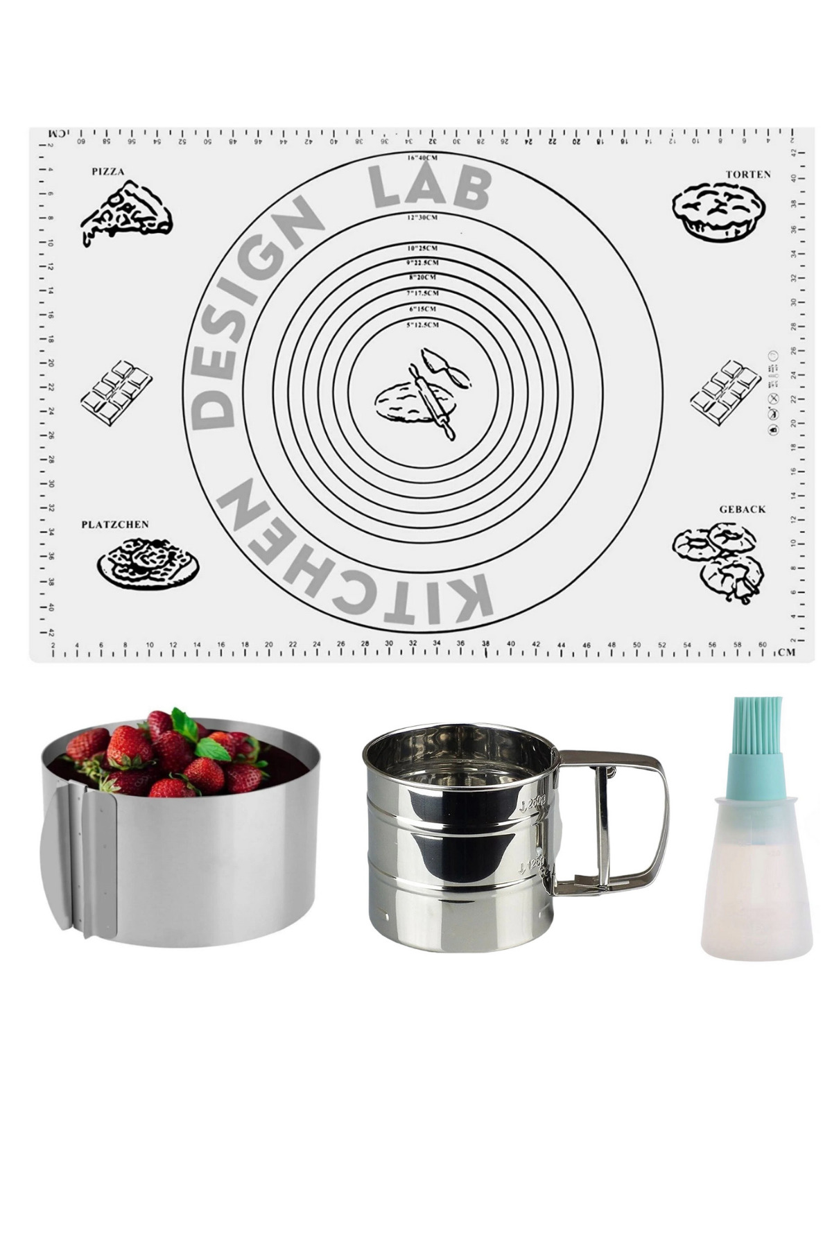 Kitchen Design Lab Beyaz Hamur Açma Matı, Çelik Un Eleği, Ayarlanabilir