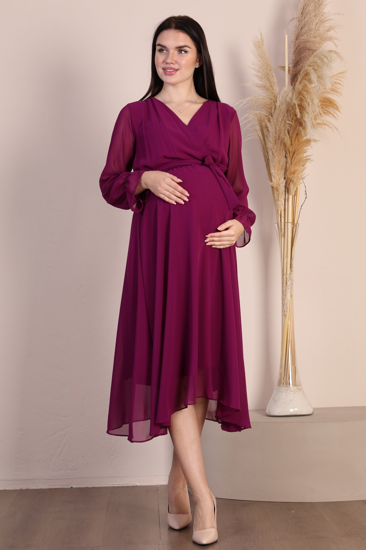 Maternity Wrap Neckline Damson Chiffon Dress Trendy Night Stylish