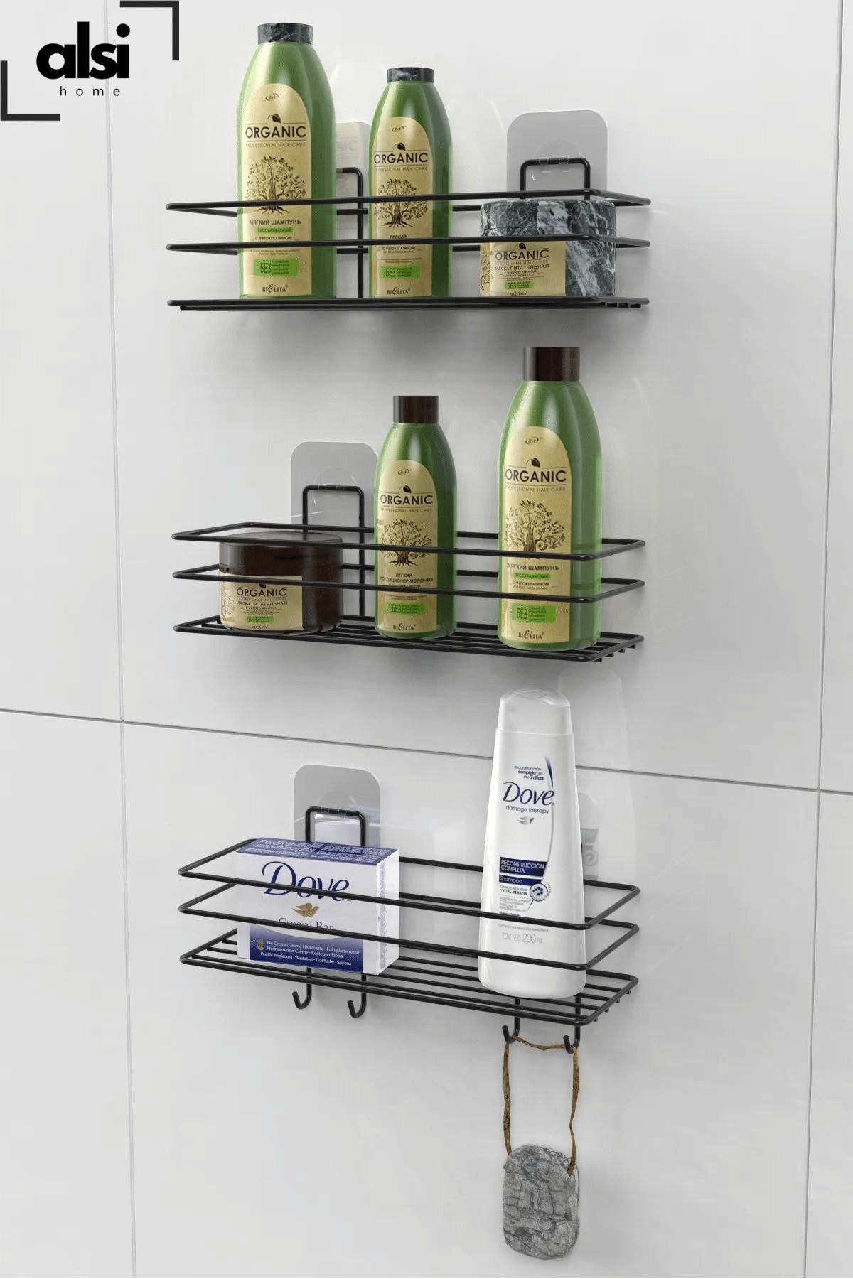 ALSİ HOME Set De 3 Cu Adeziv 4 Cârlige Raft De Baie Din Inox Negru Mat Suport Pentru Șampon Pentru Baie Cabină De Duș Umeraș Pentru Duș - One Size