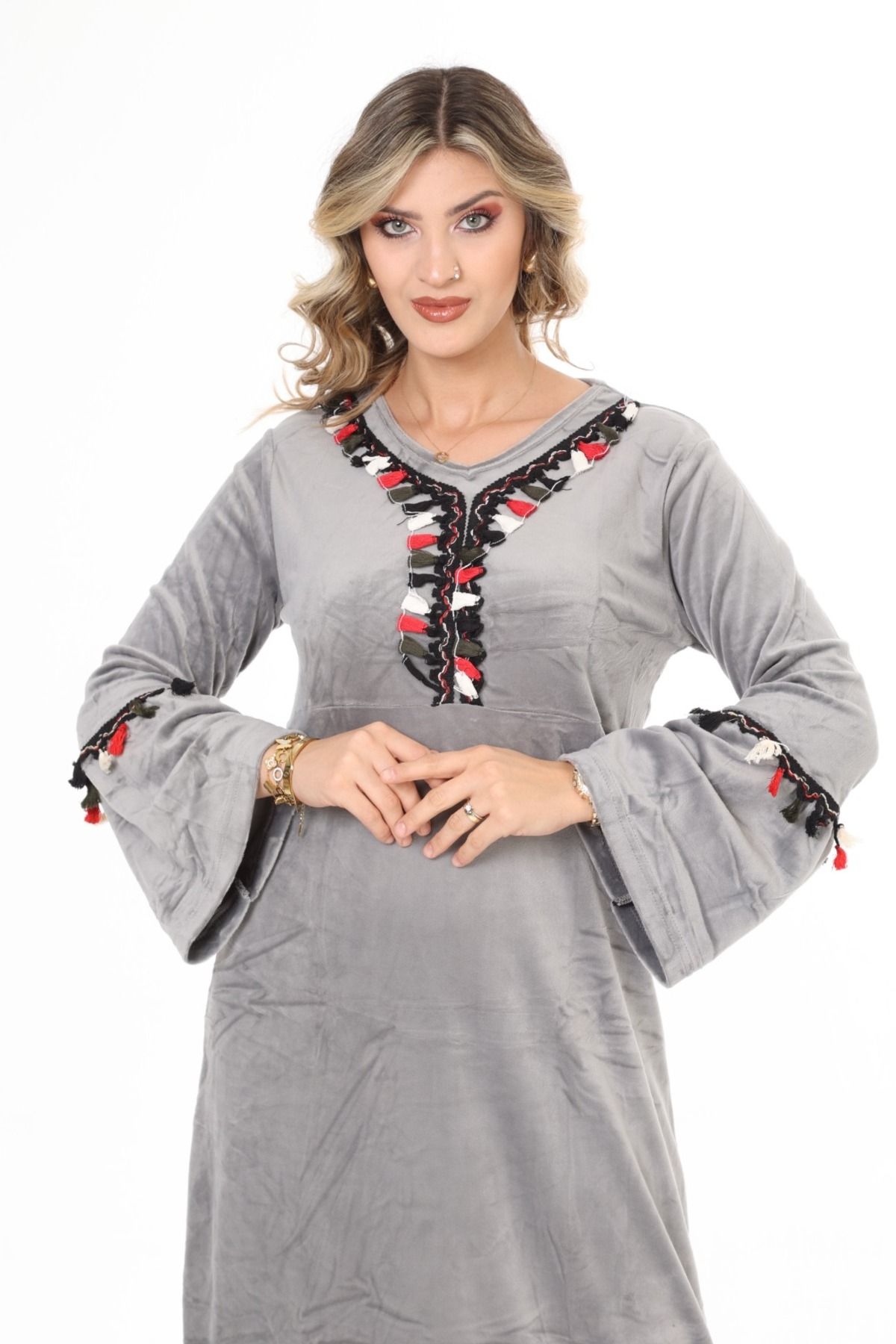 mervemoda-Women's Gray neckline tassel detailed long velvet dress 2