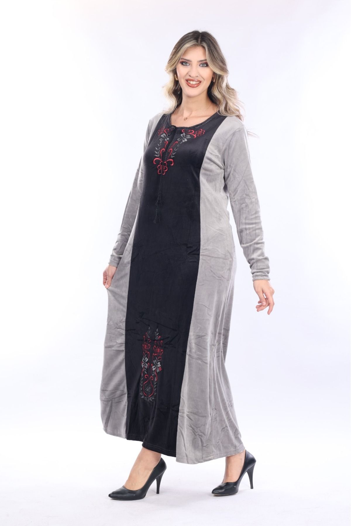 mervemoda-Women's Gray neckline embroidery detailed long velvet dress 3