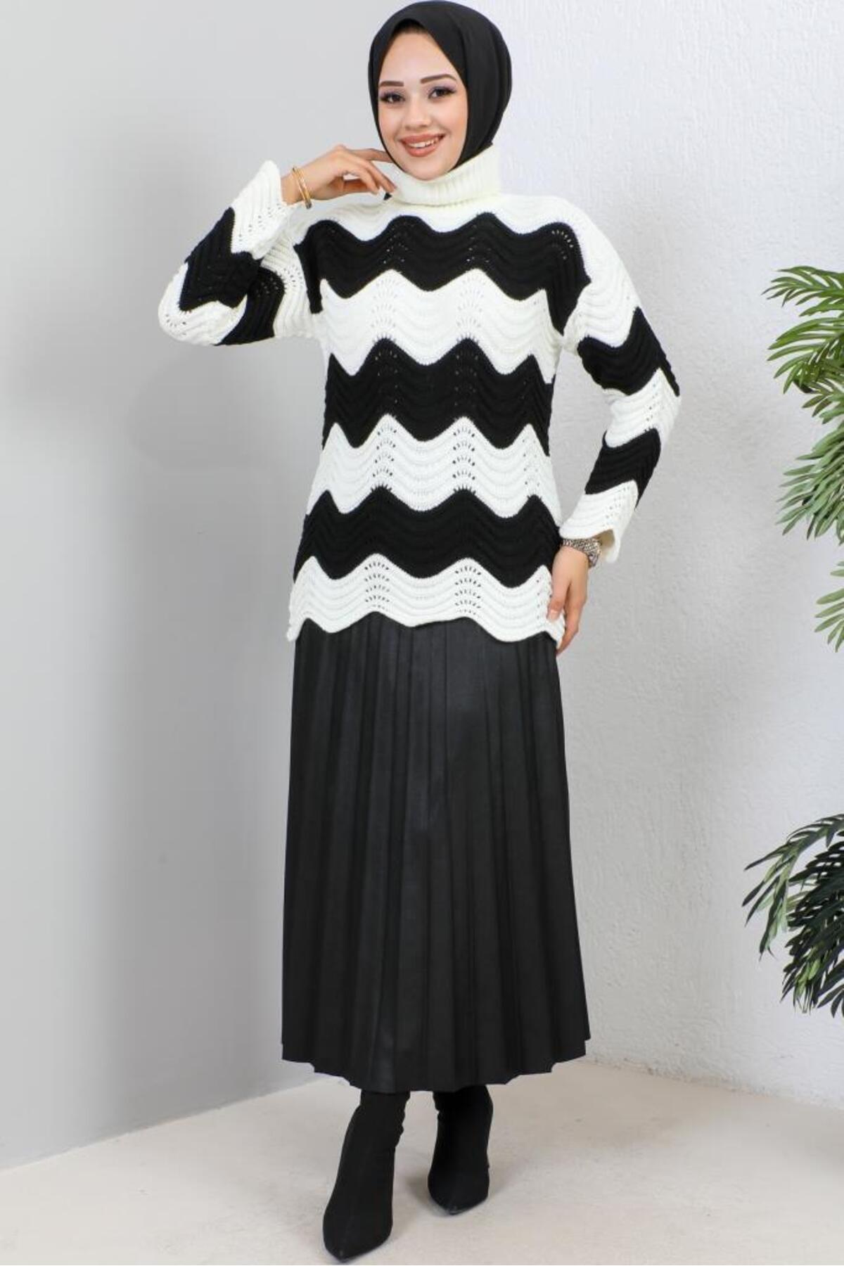 benguen 7003 Balıkçı Yaka Dalga Desenli Triko Kazak Ekru