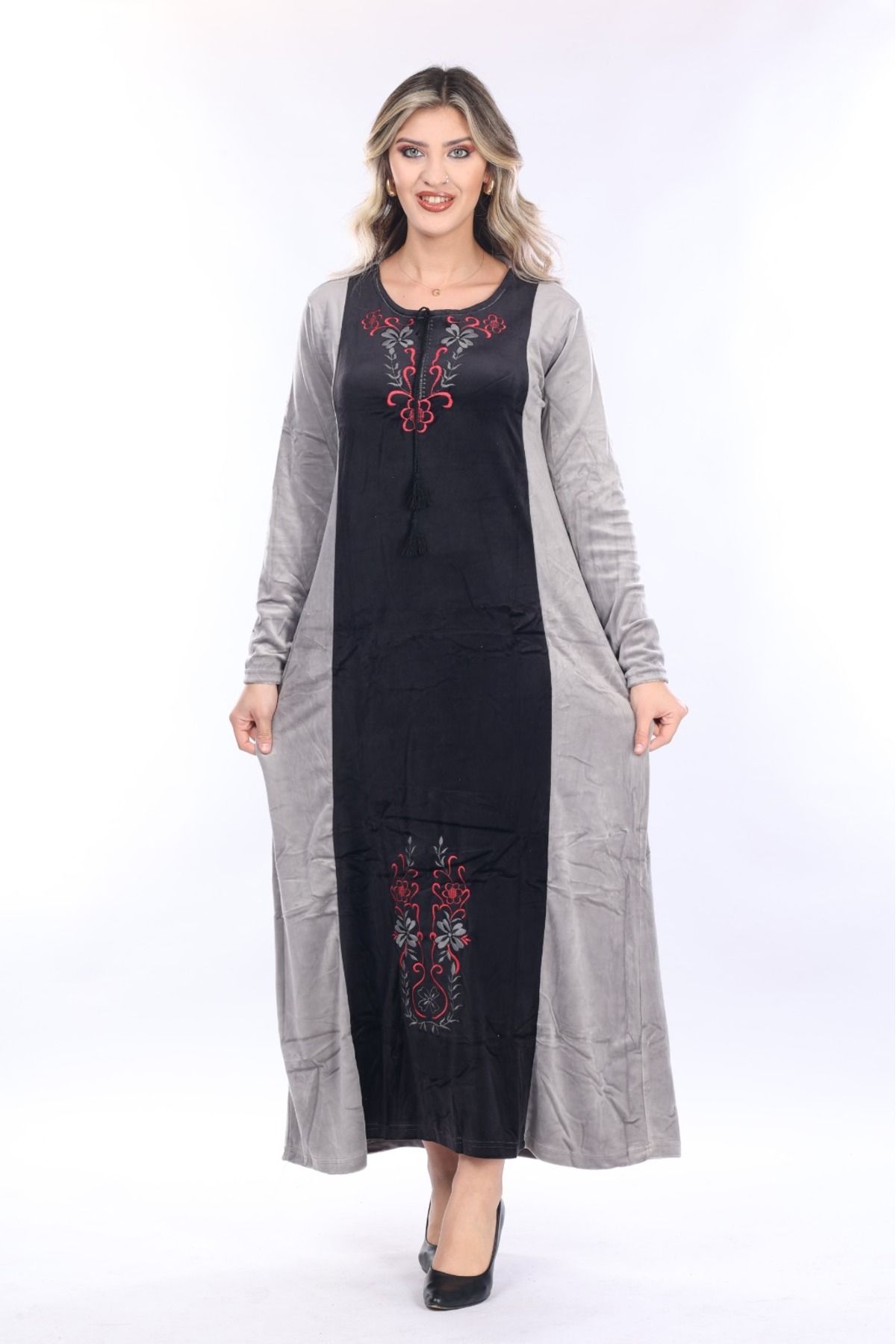 mervemoda-Women's Gray neckline embroidery detailed long velvet dress 4