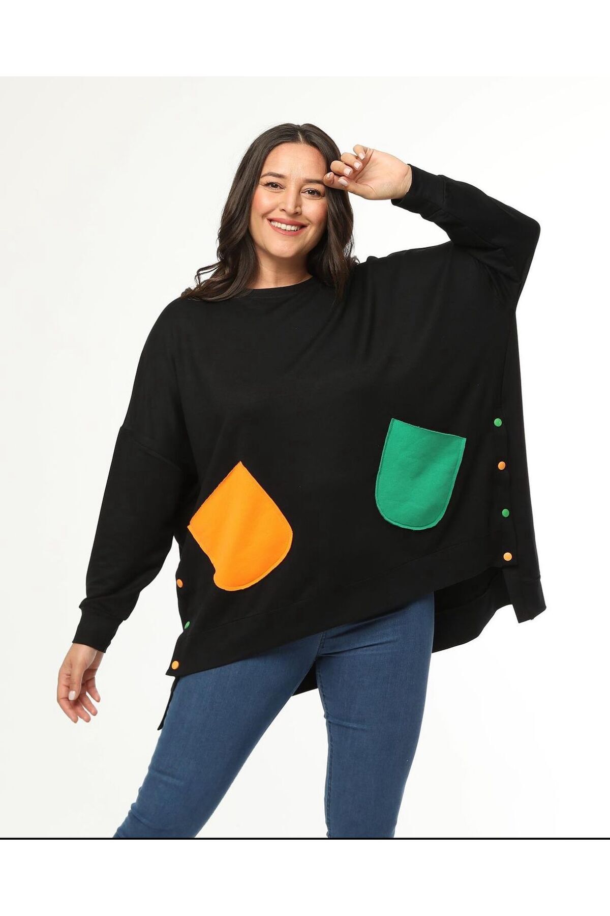 modaistanbul avm Büyük Beden Siyah Rahat Kesim Renk Kombili Sweatshir