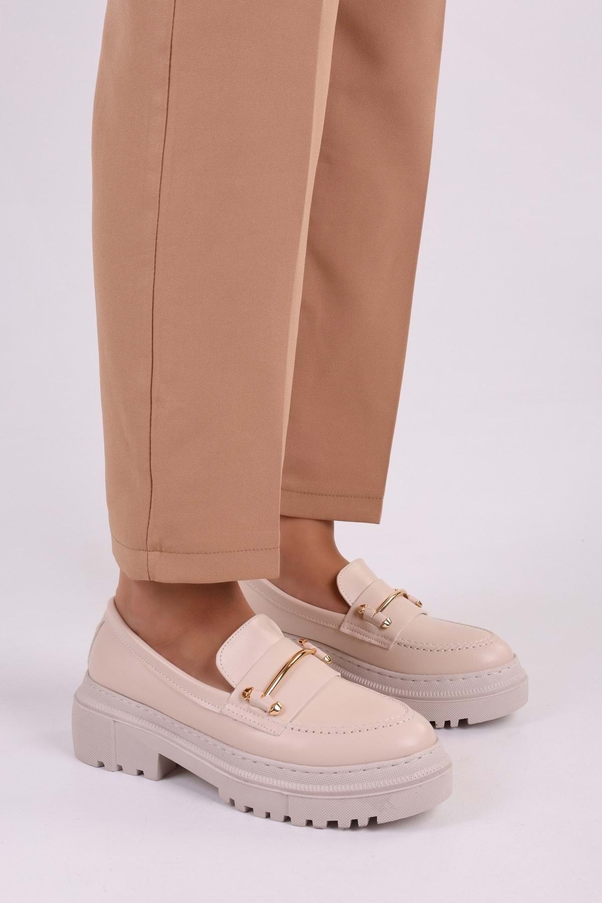Shoeberry Damskie Mokasyny Luis Beige Skin Daily Z Grubą Podeszwą I Klamrą Kobieta - 37