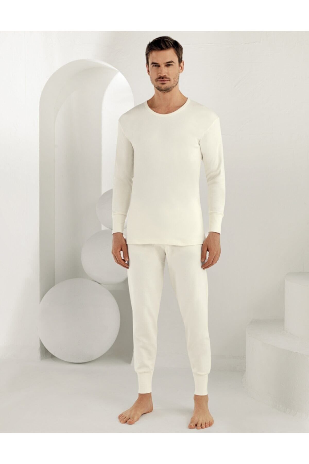 Şahinler-Men's White Long Sleeve O-Neck Undershirt Me016-krm 2