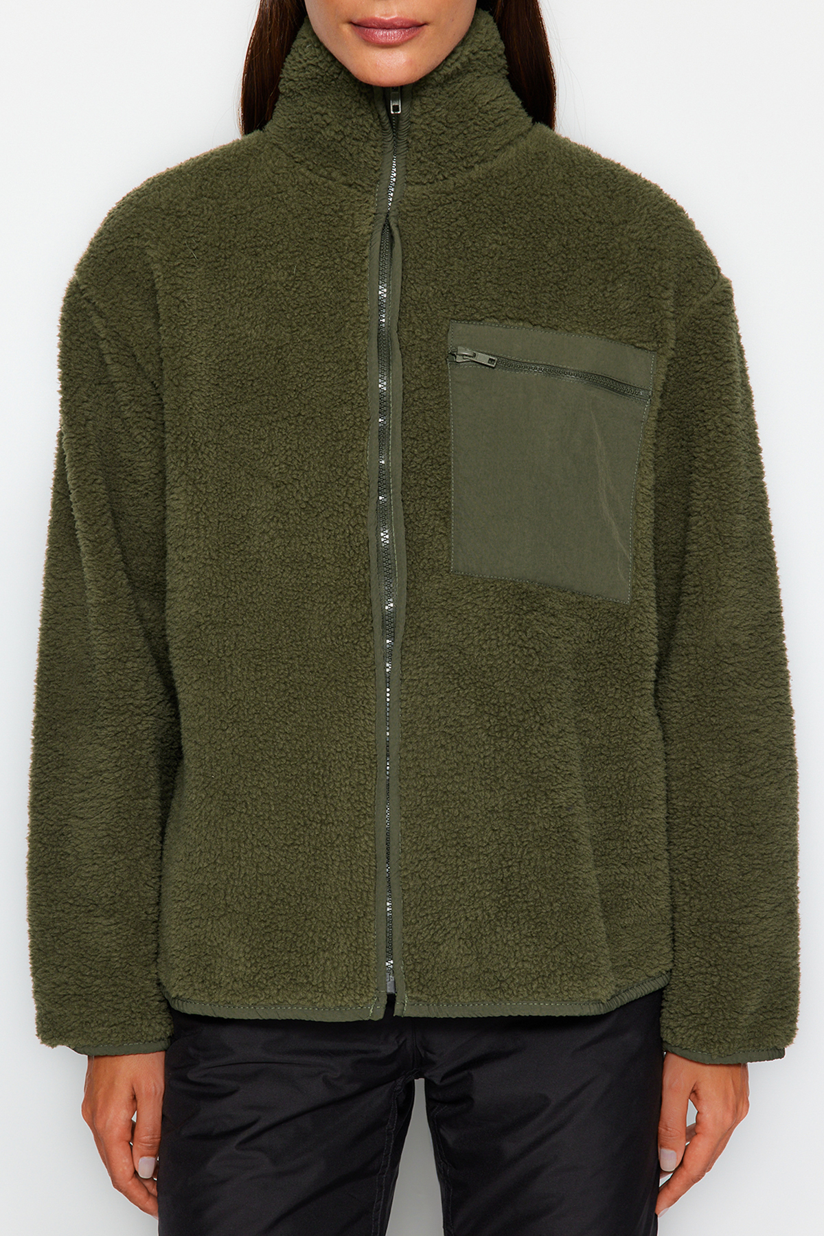  trendyolmilla winter essentials haki kal?n polar fermuarl? dik yaka uzun kol cepli ?rme sweatshirt