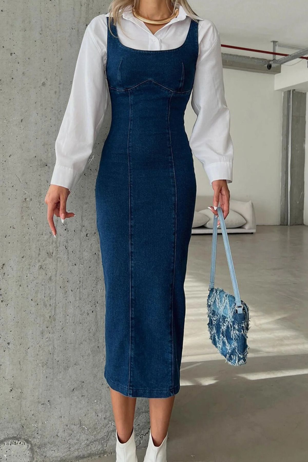 Dark blue denim pinafore dress discount